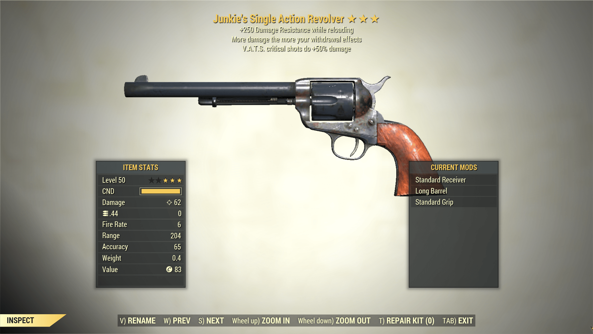 3* Junkie's SINGLE ACTION REVOLVER 50% VATS Crit [+250 DR] Fallout 76