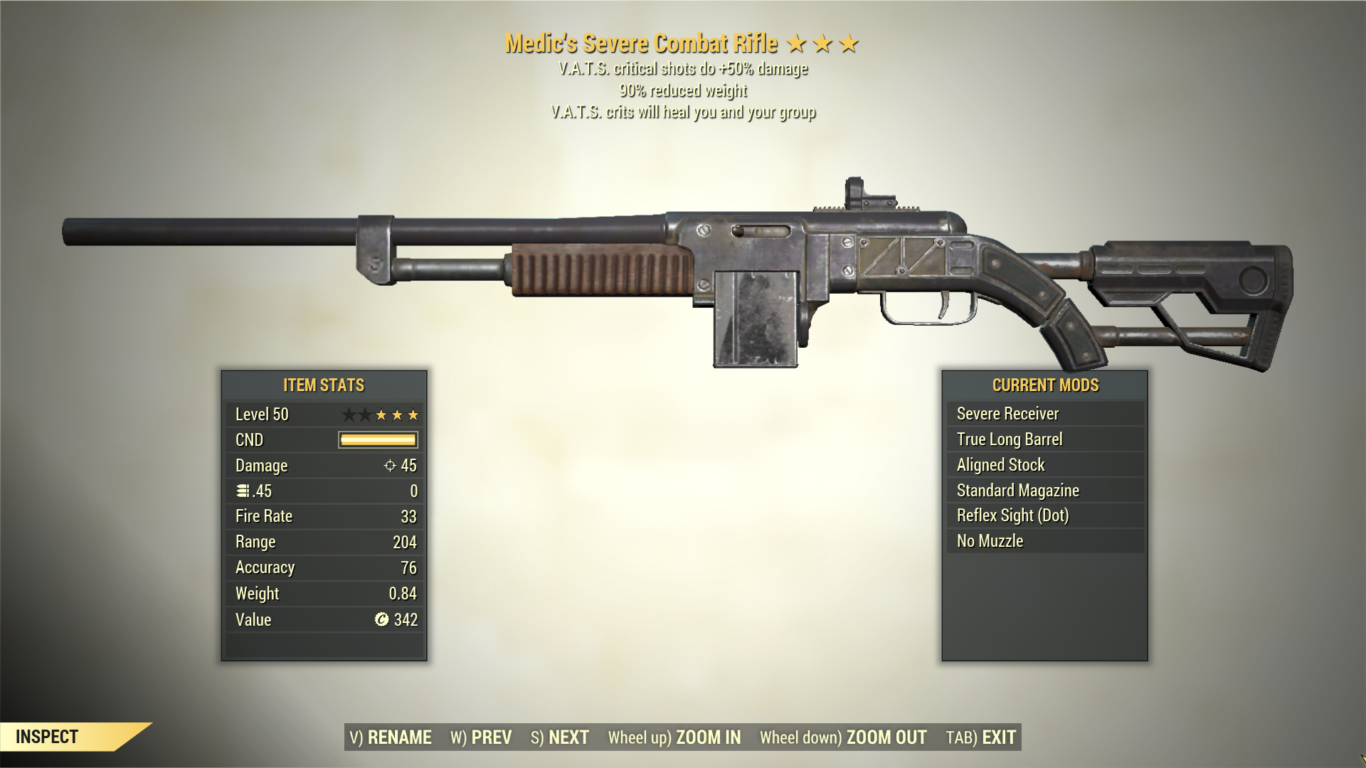 3* Medic's COMBAT RIFLE VATS Crit [90 Reduced Weight] Fallout 76 (PC