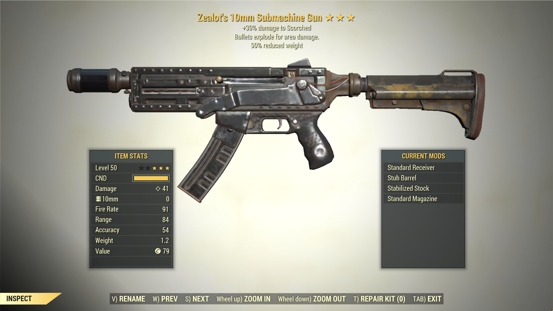3* Zealot's 10MM SUBMACHINE GUN Explosive [90 Reduced Weight] Fallout