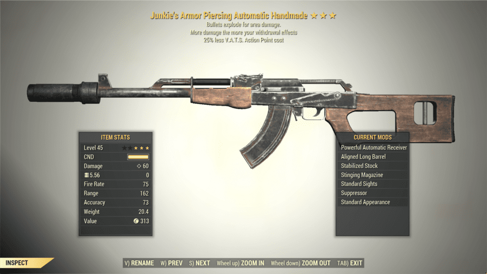 3* Junkie's HANDMADE RIFLE Explosive [25% VATS Cost] Fallout 76 (PC ...