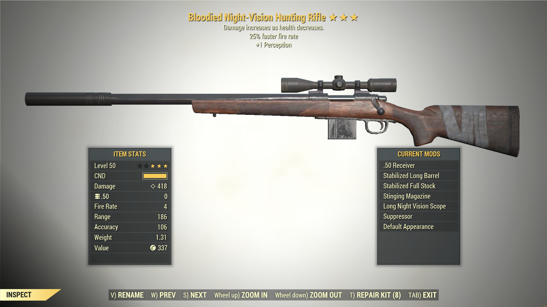 3* Bloodied HUNTING RIFLE 25% Faster Fire Rate [+1 Perception] Fallout ...