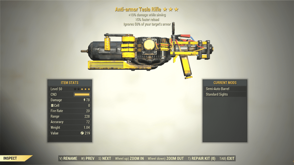 3* Anti-Armor TESLA RIFLE 10% Aim Damage [Faster Reload] Fallout 76 (PC ...