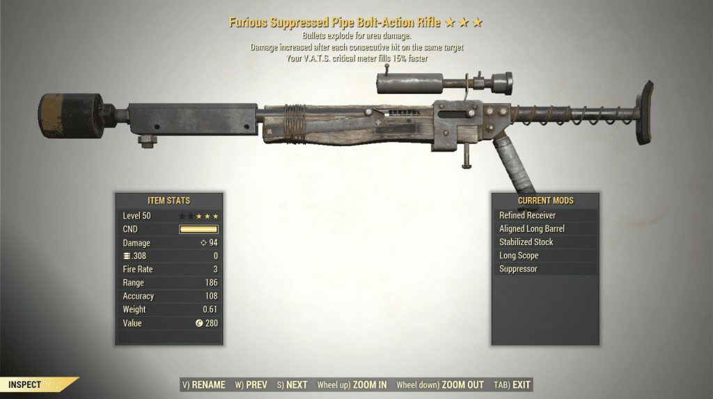 3* Furious PIPE BOLT-ACTION RIFLE Explosive [+15% VATS Refill] Fallout ...