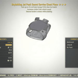 Screenshot of a Fallout 76 Secret Service Unyielding Sneak for PC & Steam players, showing the stats.