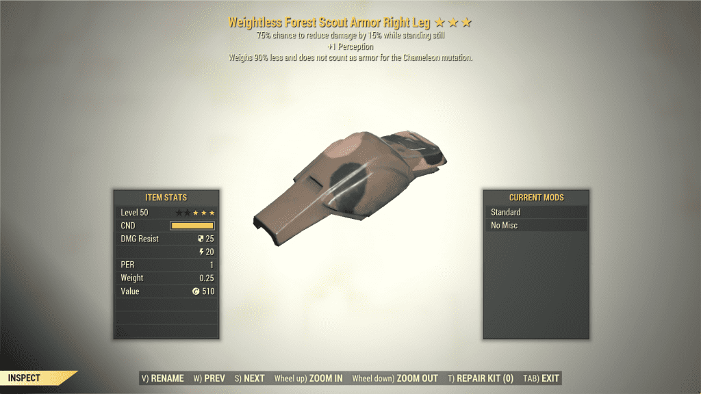 3* Weightless Sentinel FOREST SCOUT Right Leg [+1 Perception] Fallout ...