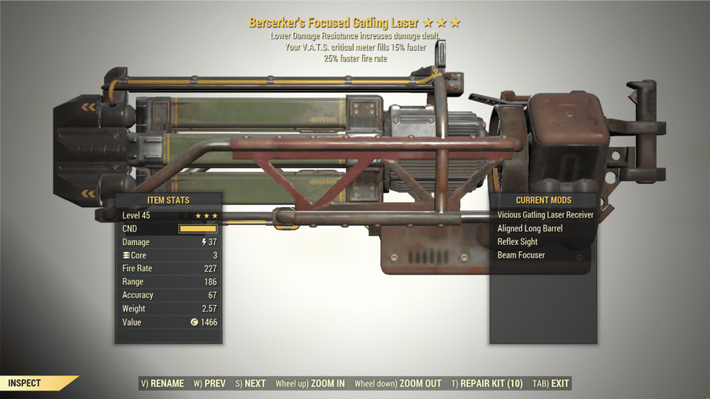 Screenshot of a Fallout 76 item for PC & Steam players, showing the stats.