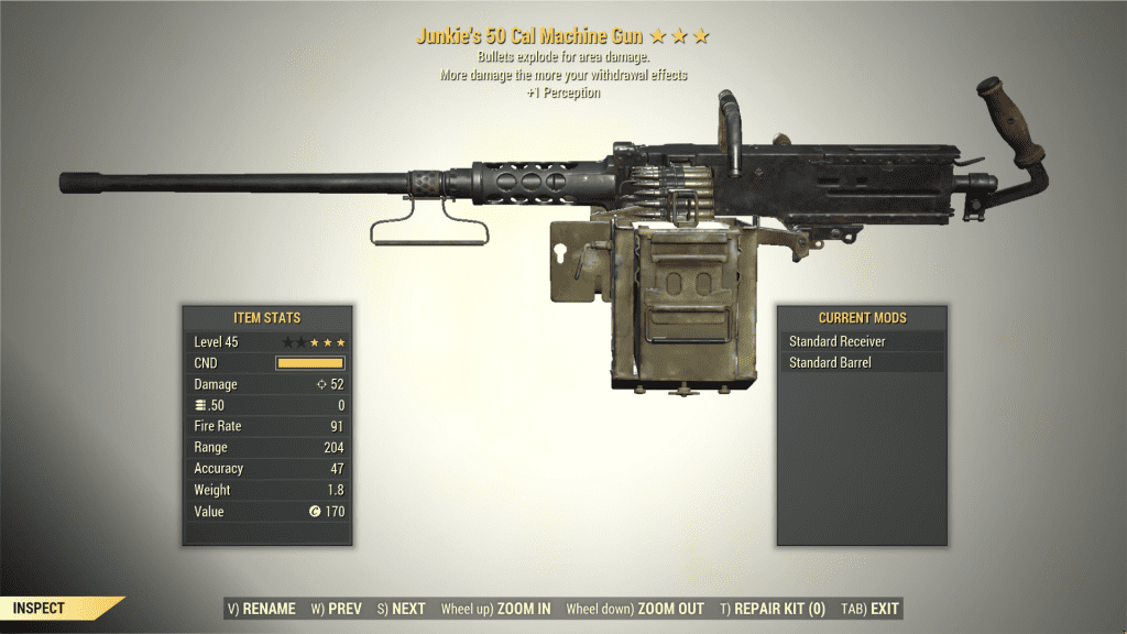 3* Junkie's 50 CAL MACHINE GUN Explosive [+1 Perception] Fallout 76 (PC ...