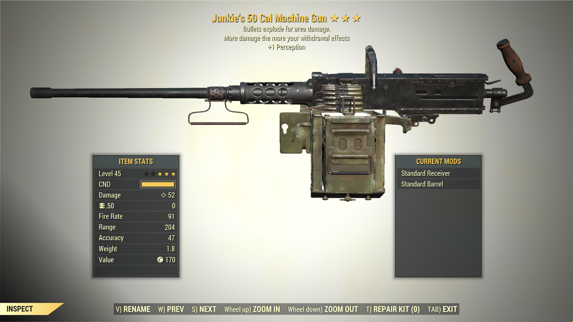 3* Junkie's 50 CAL MACHINE GUN Explosive [+1 Perception] Fallout 76 (PC ...