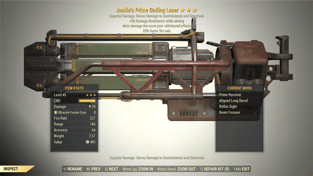 Screenshot of a Fallout 76 item for PC & Steam players, showing the stats.