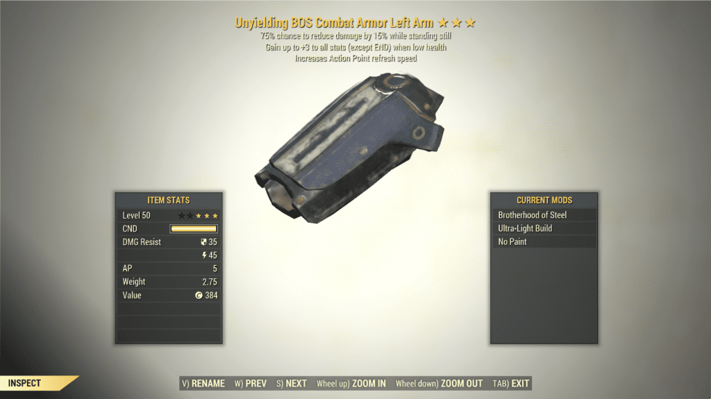 3* Unyielding Sentinel HEAVY COMBAT Armor Full Set [AP Refresh] Fallout ...