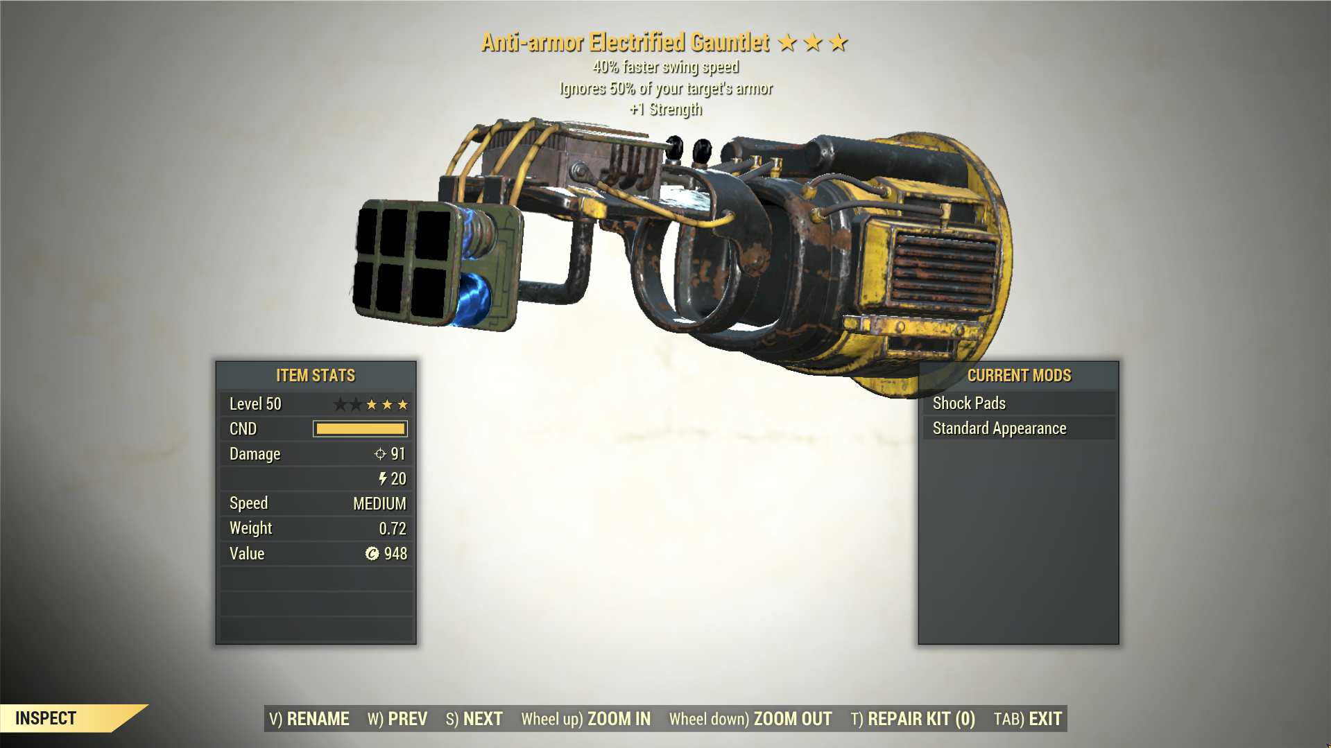 3* Anti-Armor ELECTRIFIED GAUNTLET Swing Speed [+1 Strength] Fallout 76 ...