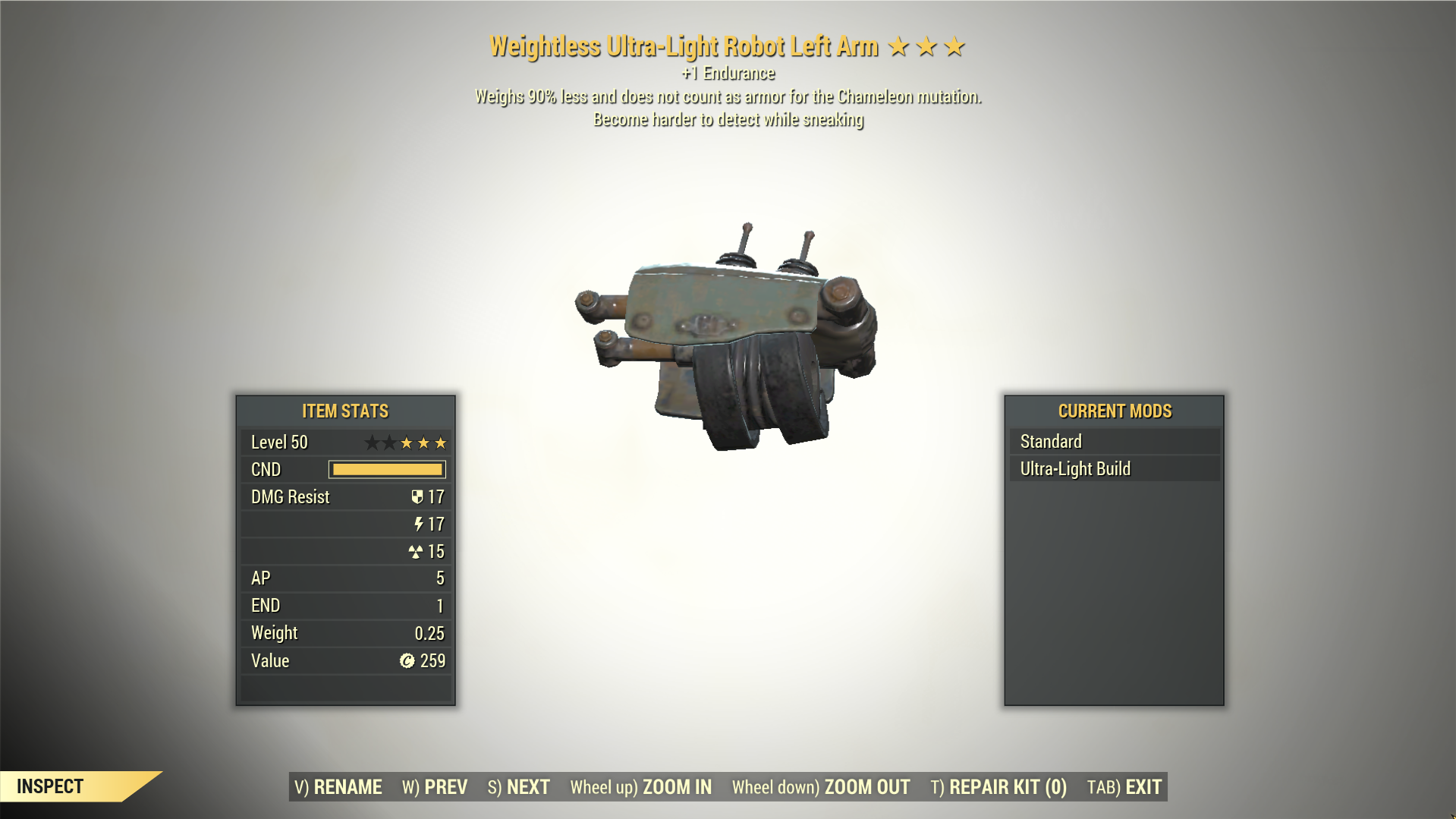 Screenshot of a Fallout 76 item for PC & Steam players, showing the stats.