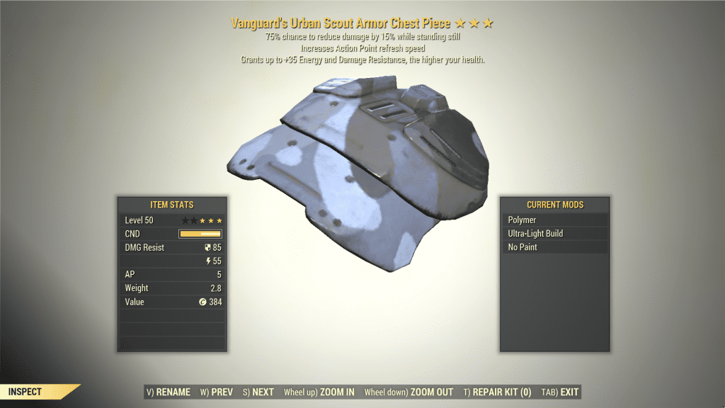 3* Vanguard Sentinel URBAN SCOUT Chest Armor [AP Refresh] Fallout 76 ...