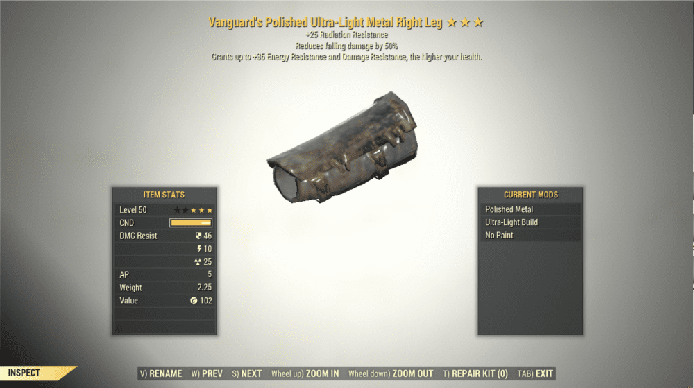 Screenshot of a Fallout 76 item for PC & Steam players, showing the stats.