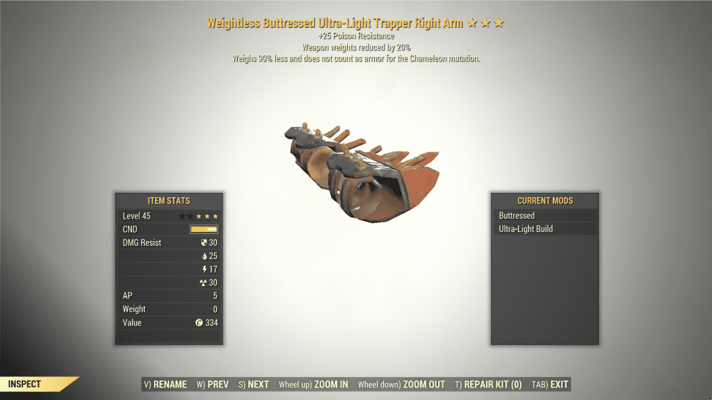 3* Weightless Weapon Weight Reduction TRAPPER Right Arm Armor [Poison ...