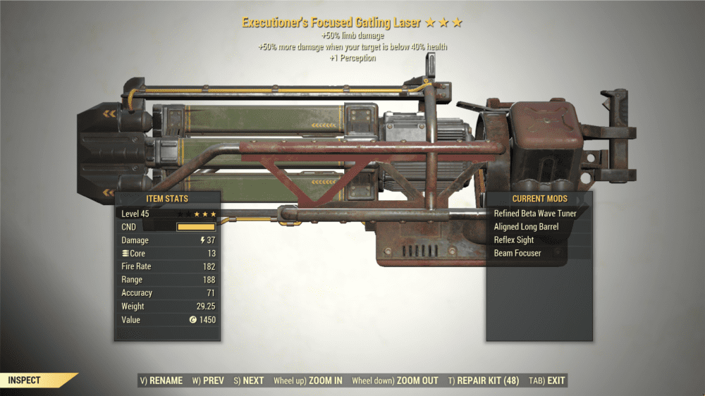 Screenshot of a Fallout 76 item for PC & Steam players, showing the stats.