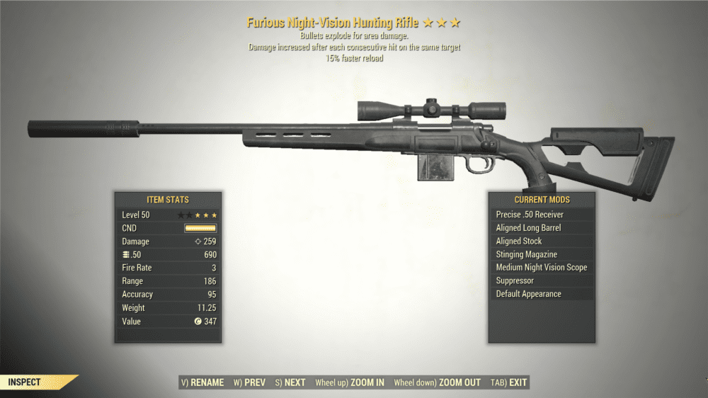 3* Furious HUNTING RIFLE Explosive [Faster Reload] Fallout 76 (PC ...