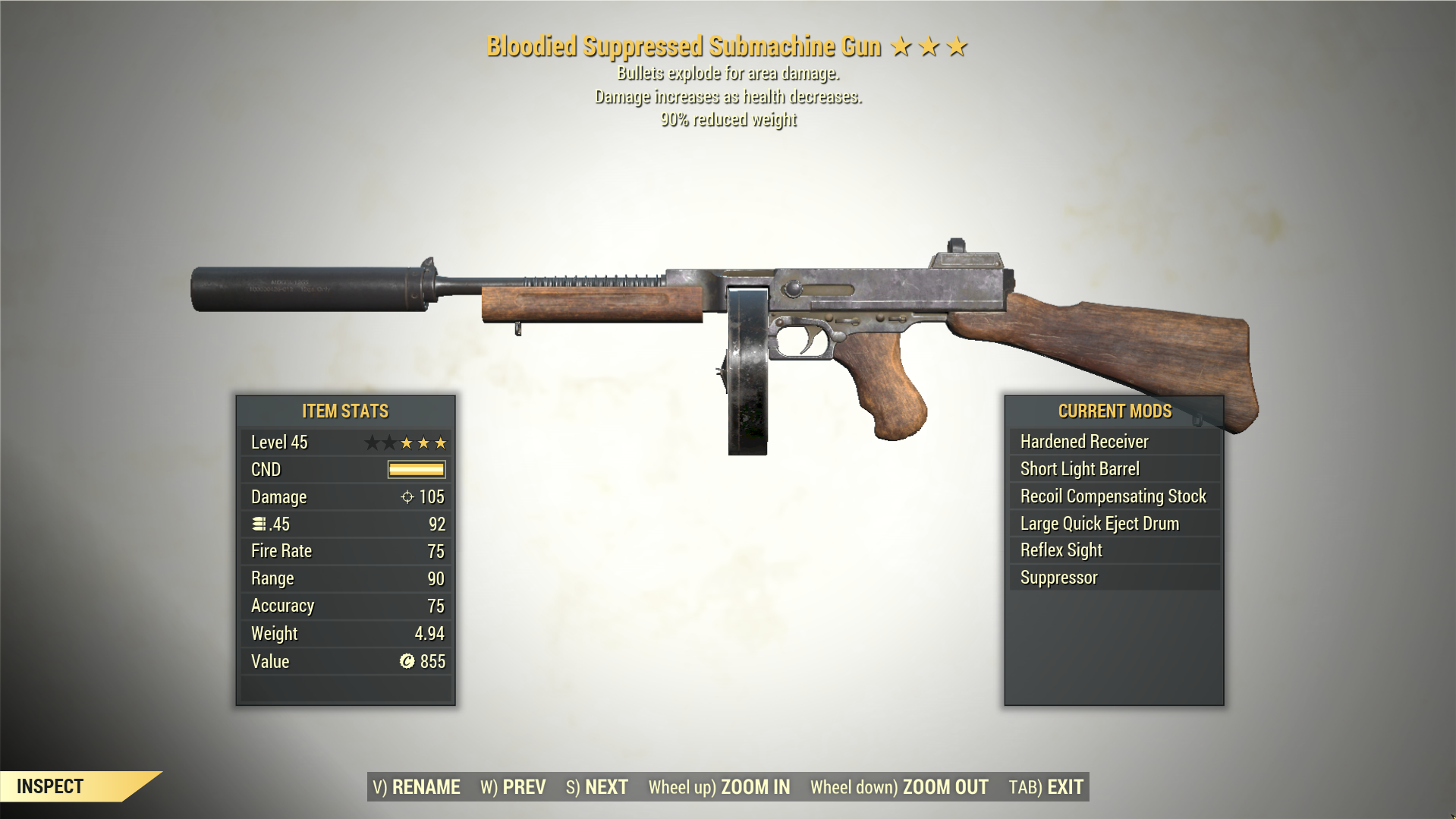 3* Bloodied SUBMACHINE GUN Explosive [90 Rduced Weight] Fallout 76 (PC
