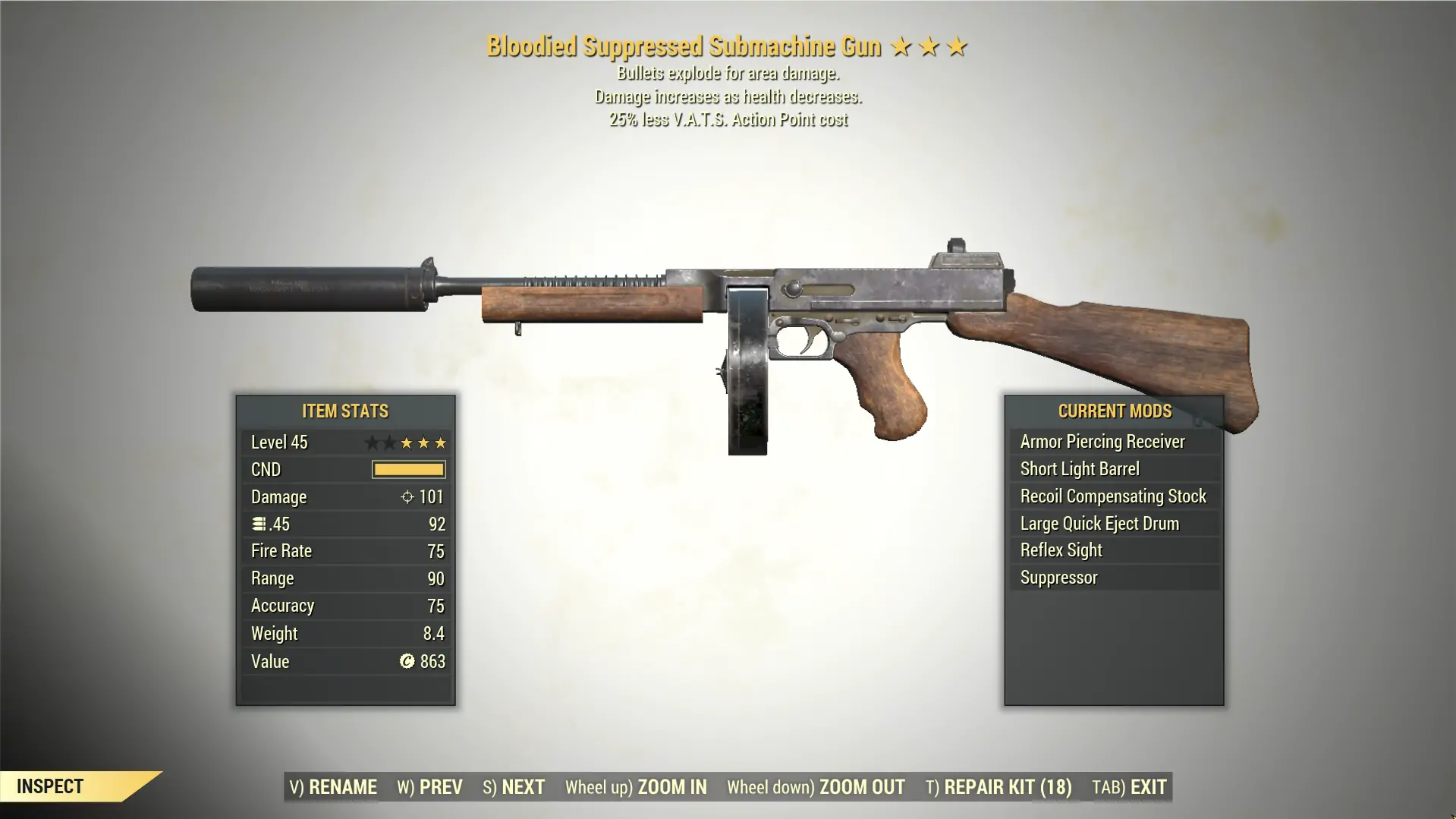 3* Bloodied SUBMACHINE GUN Explosive [25 VATS]] Fallout 76 (PC Only