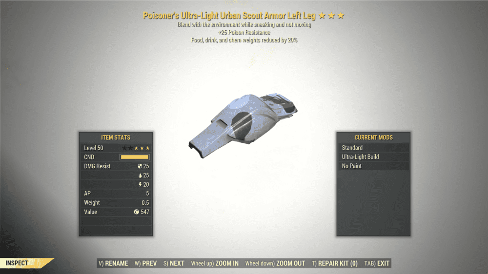 3* Chameleon Aid Weight URBAN SCOUT Armor Left Leg [Poison Resist ...