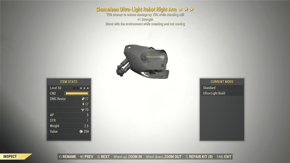 Screenshot of a Fallout 76 item for PC & Steam players, showing the stats.