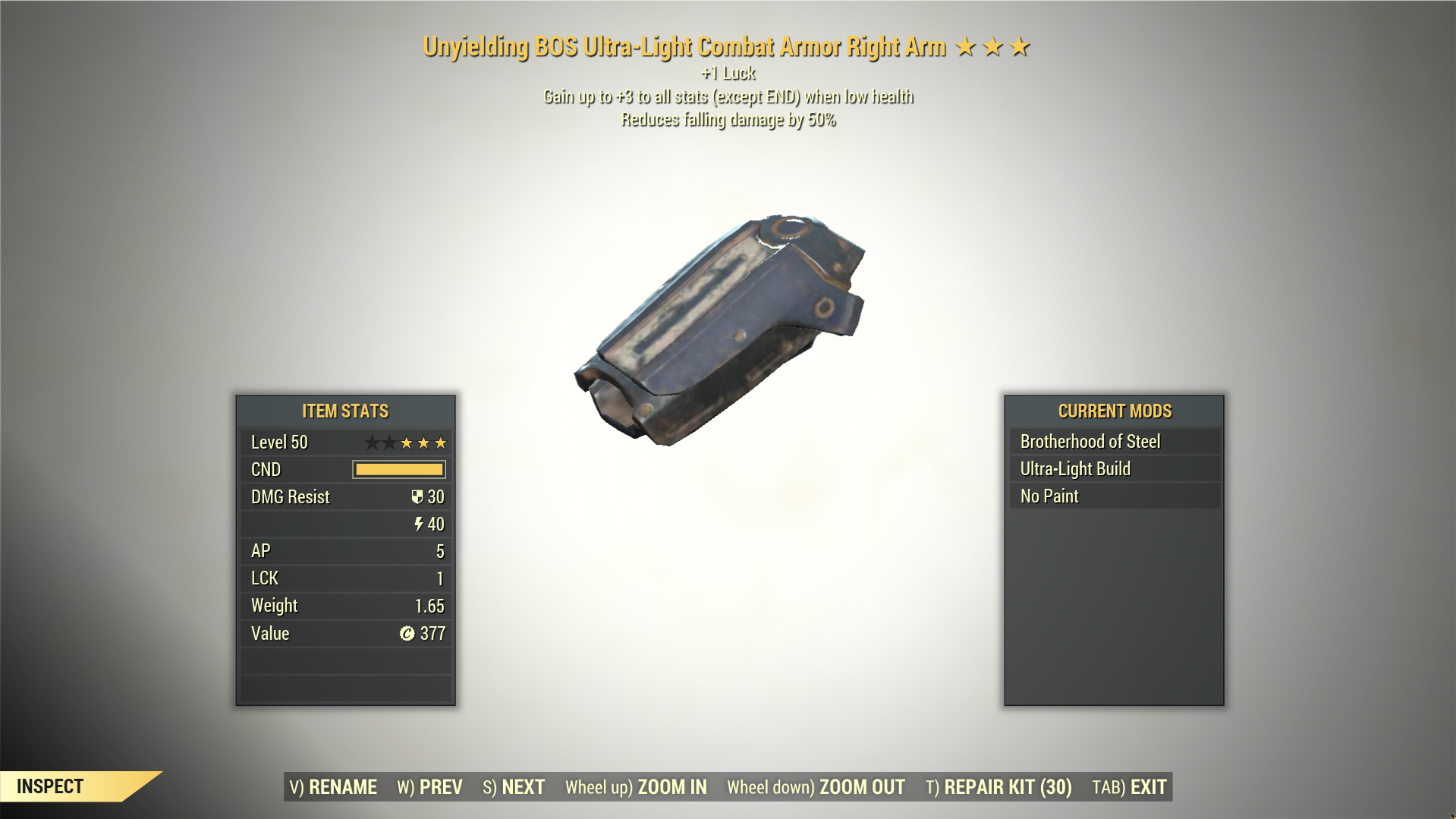 3* Unyielding Acrobat STURDY COMBAT Armor Right Arm [Luck] Fallout 76 ...