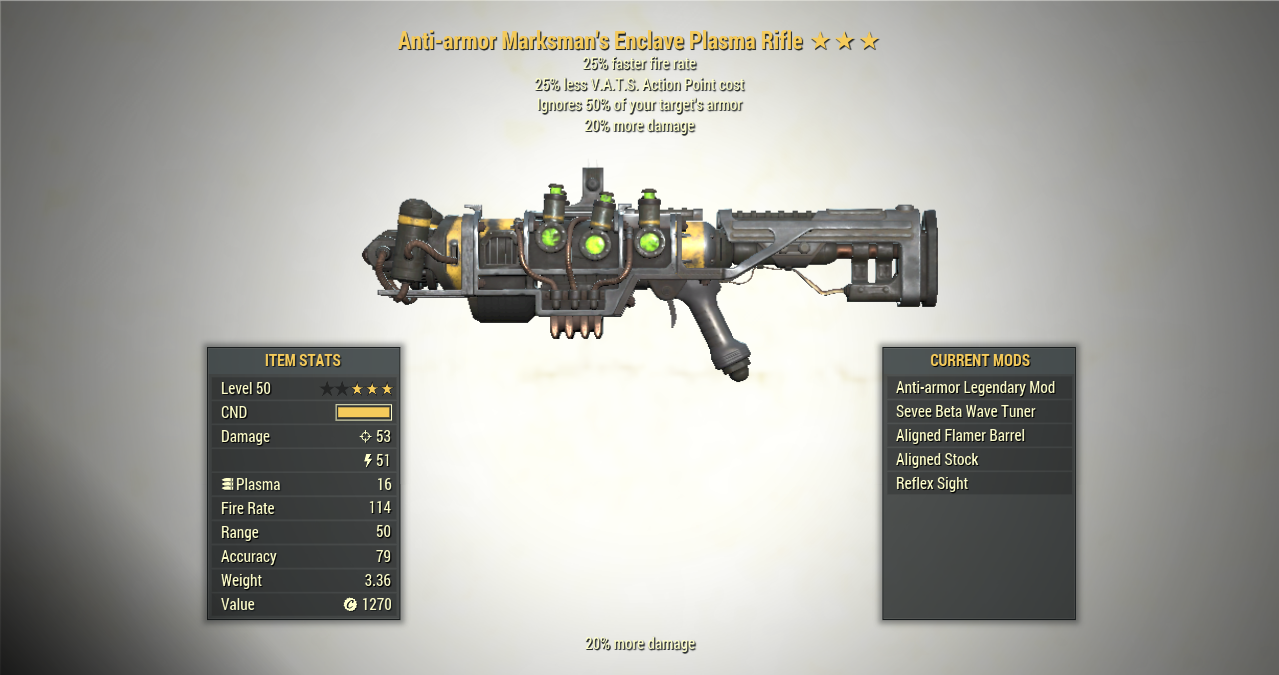Anti-Armor ENCLAVE PLASMA GUN RIFLE 25% Weapon Speed + [25V] (Flamer ...