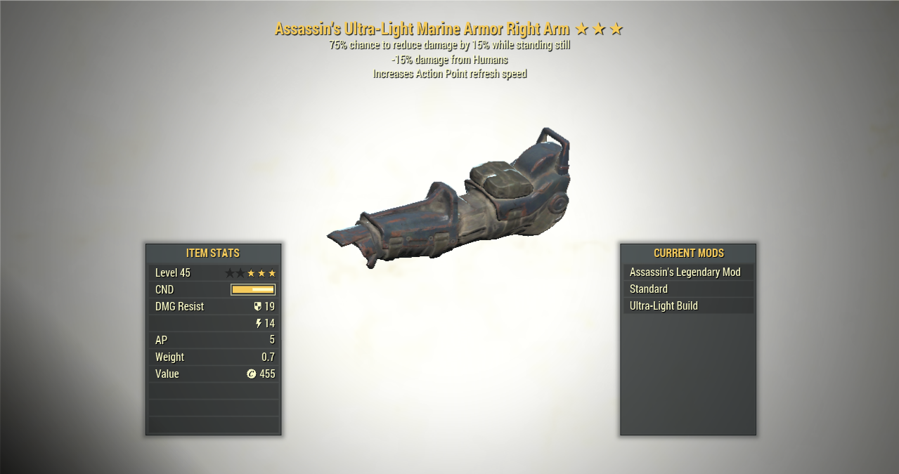 Screenshot of a Fallout 76 item for PC & Steam players, showing the stats.