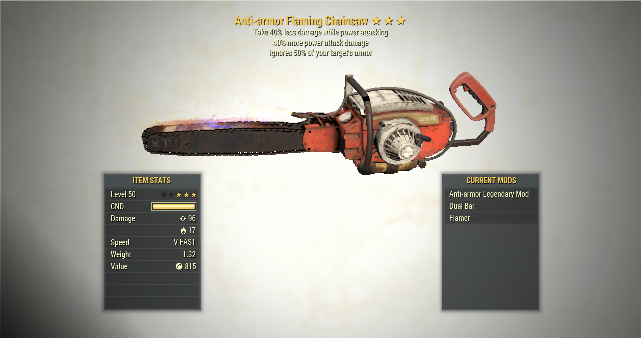3* AntiArmor CHAINSAW Power Attack [40 Less Damage] Fallout 76 (PC