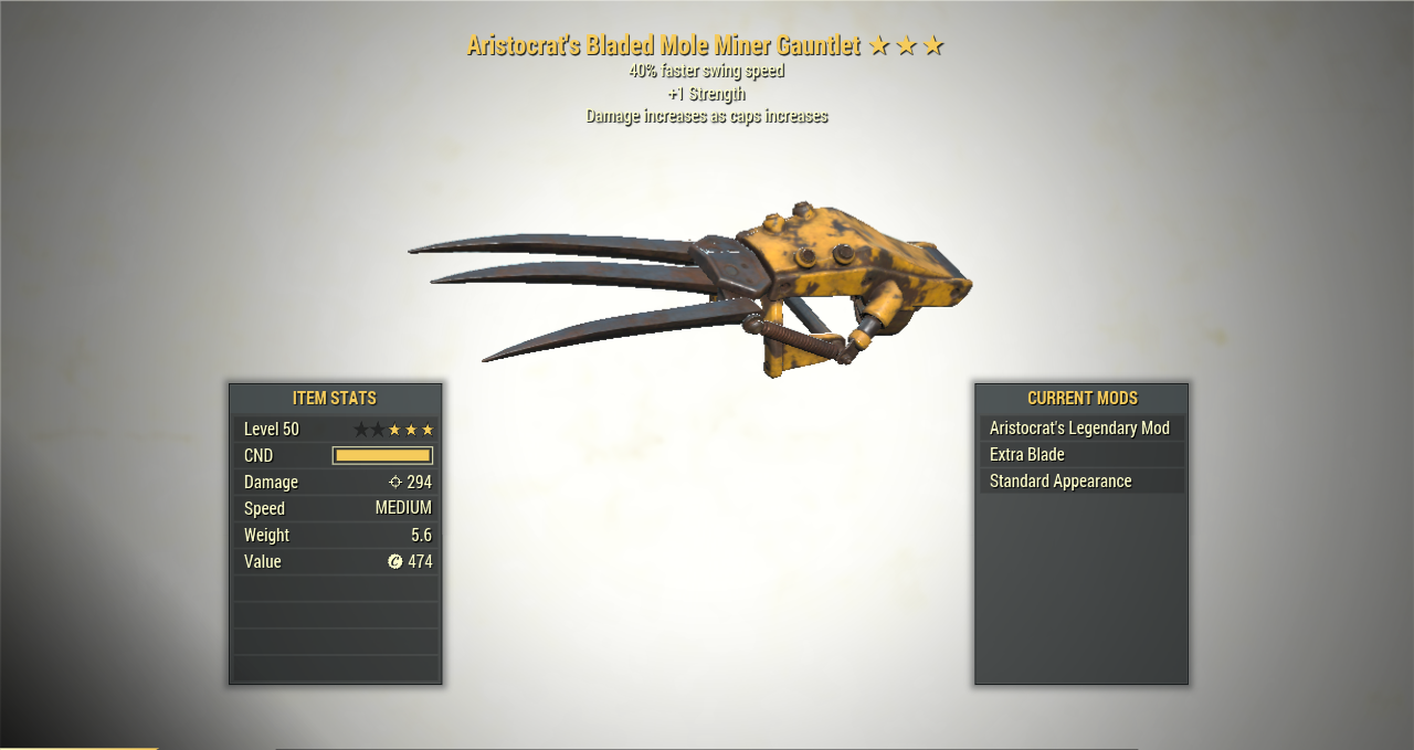 3* Aristocrat's MOLE MINER'S GAUNTLET Swing Speed [+1 Strength] Fallout ...