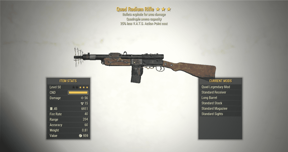 3* Quad RADIUM RIFLE Explosive [25% Less VATS AP Cost] Legacy Fallout ...