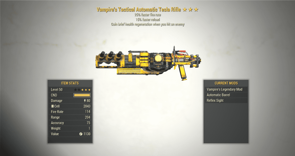 3* Vampire's TESLA RIFLE 25% Faster Fire Rate [Faster Reload] Fallout ...