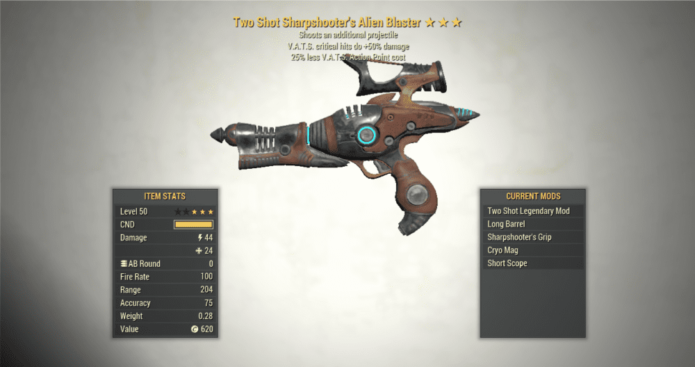 Screenshot of a Two Shot ALIEN BLASTER Vats Crit + 25V, showing the stats.