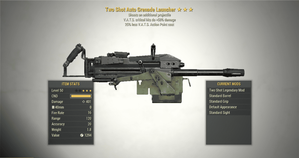 Screenshot of Two Shot VATS Crit Auto Grenade Launcher + 25V showing the stats.
