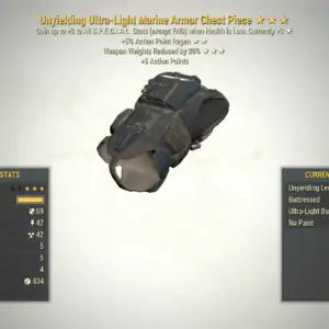 Screenshot of a chest piece of the Unyielding Weapon Weight Reduction 5AP MARINE ARMOR SET, showing the stats.