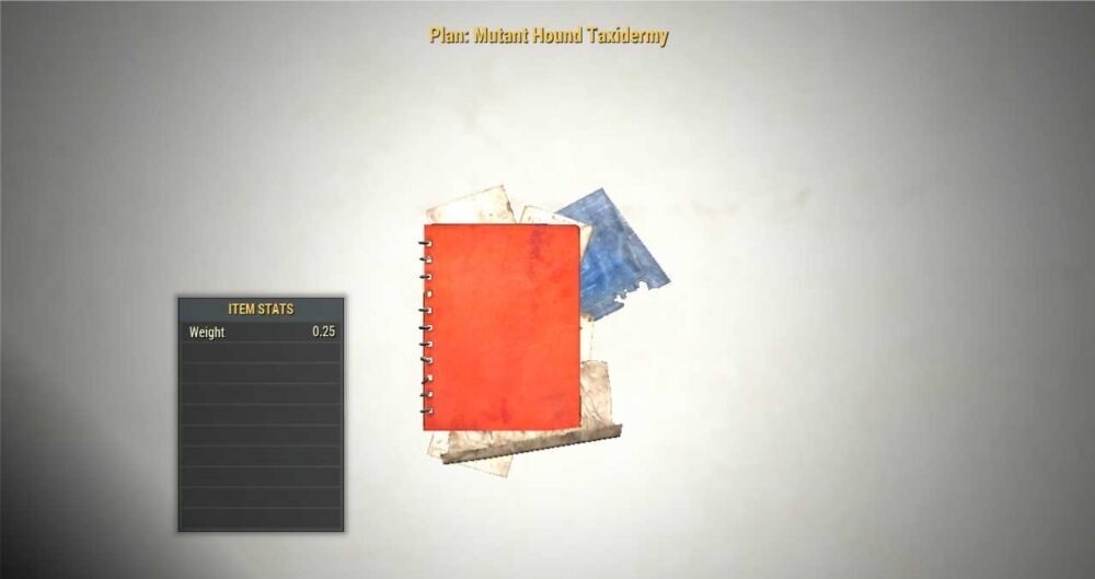 Screenshot of the Fallout 76 PC Mutant Hound Taxidermy Camp Plan Meat Week Reward for Steam players.