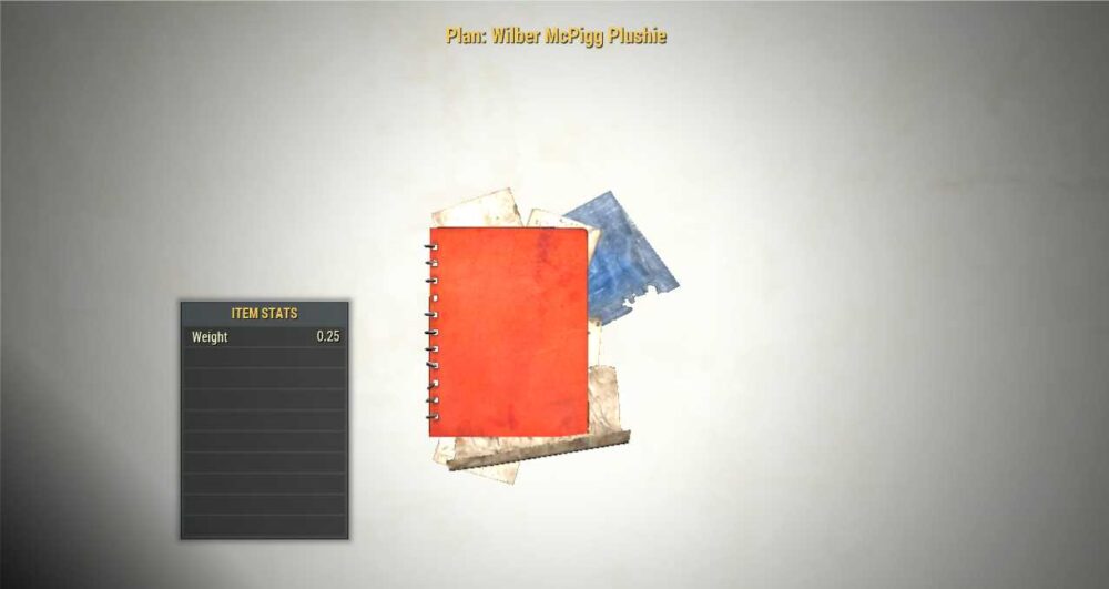 Screenshot of the Fallout 76 PC Wilber McPigg Plushie Camp Plan Meat Week Reward for Steam players.
